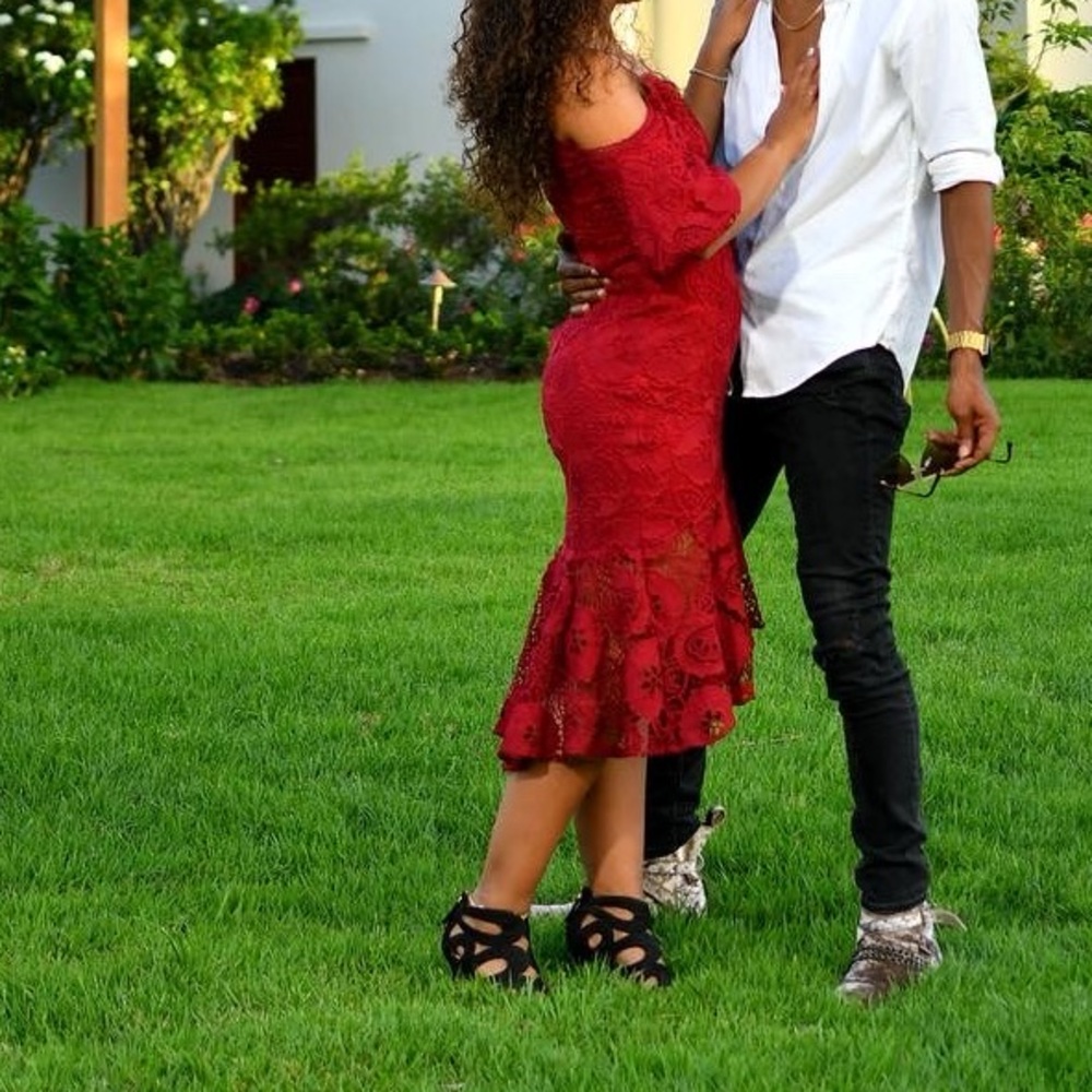 Red Lace Off-Shoulder Midi Dress